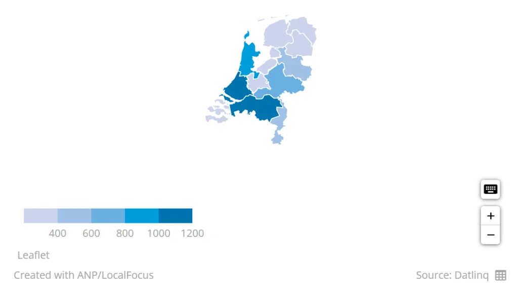 Choropleth map showing the number of snack bars by province in the Netherlands